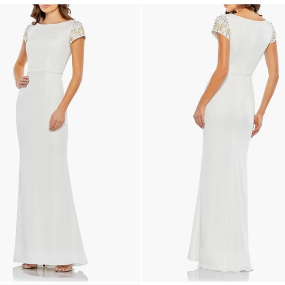 MAC DUGGAL 55718 BEADED CAP SLEEVE BATEAU COLUMN WHITE GOWN sz 6 - Picture 1 of 3